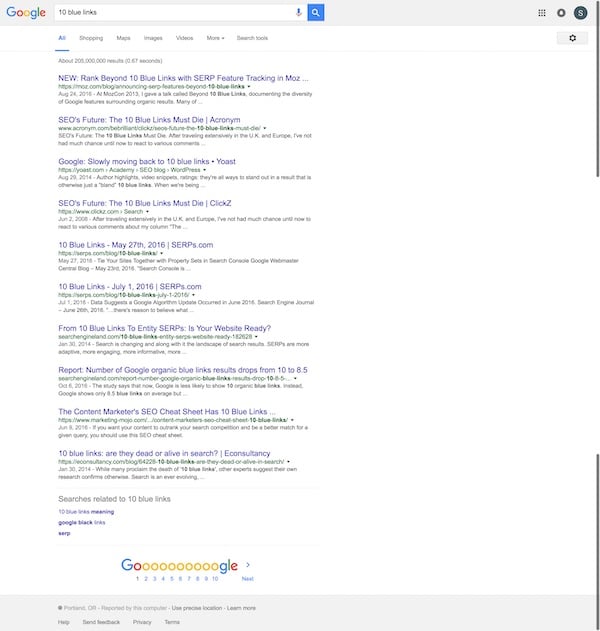 google search results for 10 blue links