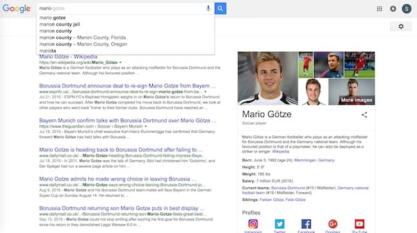 google search results for mario showing Mario Gotze