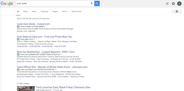 google search results for auto sales