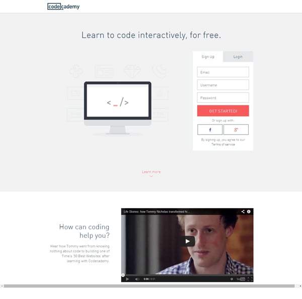 Codecademy landing page with video and form