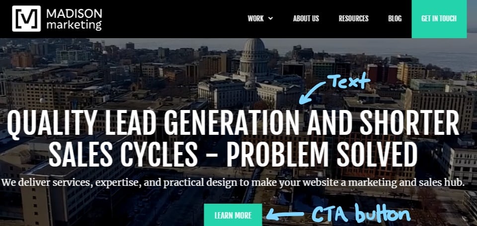 H1 title, lead text, and CTA button on site homepage
