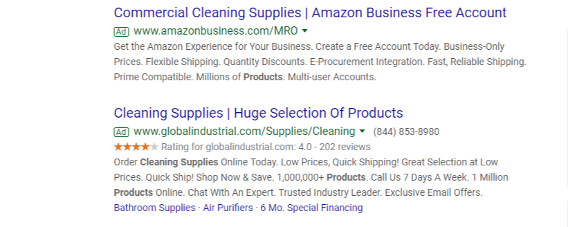 paid search results for cleaning supplies