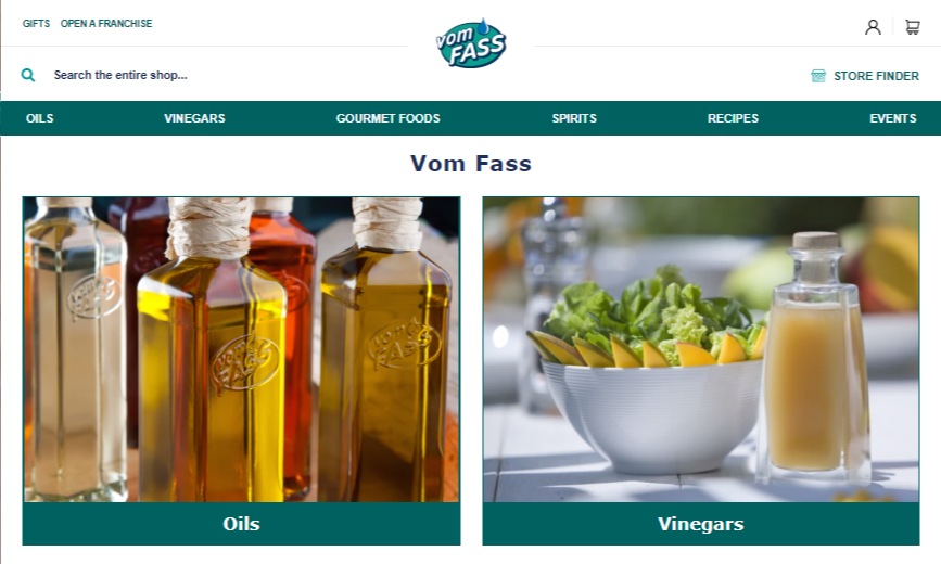 photos of oils and vinegars on cleanly designed website