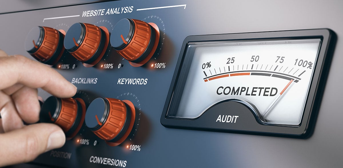 SEO control panel illustration with knobs for website analysis and meter showing 100 percent complete status
