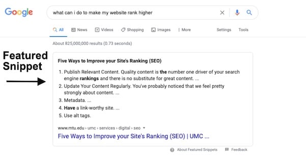 featured snippet for long tail keyword