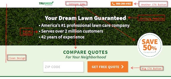 lawn care landing page with CTAs nice design and concise copy
