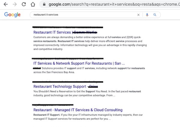 google search results for restaurant it services