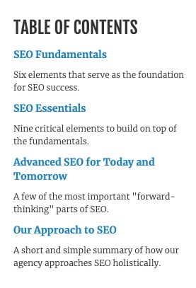 SEO guide table of contents
