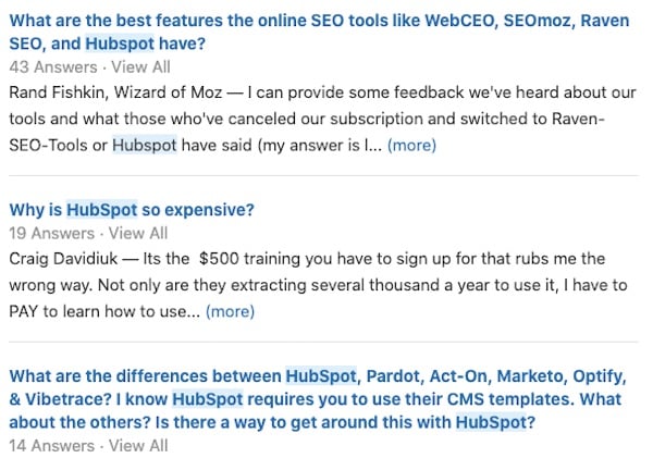 Quora threads about HubSpot