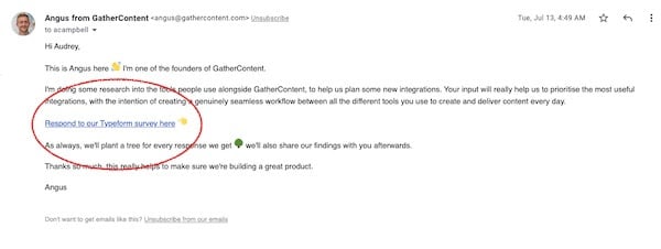 Typeform email with above the fold CTA