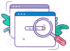 two overlapping windows on a computer with magnifying glass examining search bar in top window 