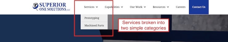 services drop down menu in site navigation