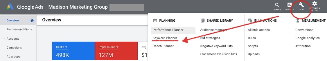 Google Keyword Planner navigation