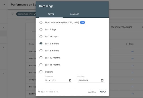 date range in Google Search Console