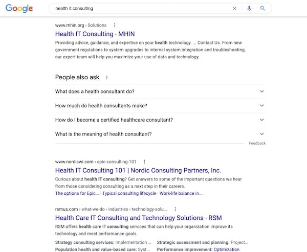 organic search results for health it consulting