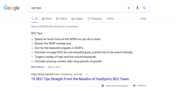featured snippet search result