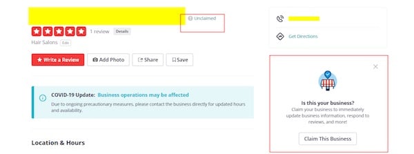 Unclaimed Yelp listing