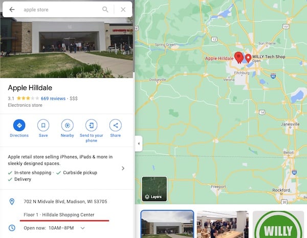 apple location inside hilldale mall as shown in Google My Business