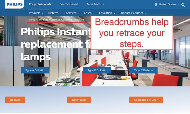 breadcrumbs on phillips site