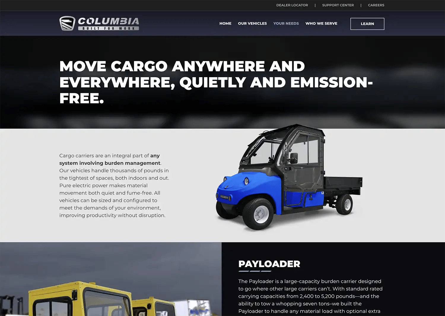 columbia vehicles web page screenshot