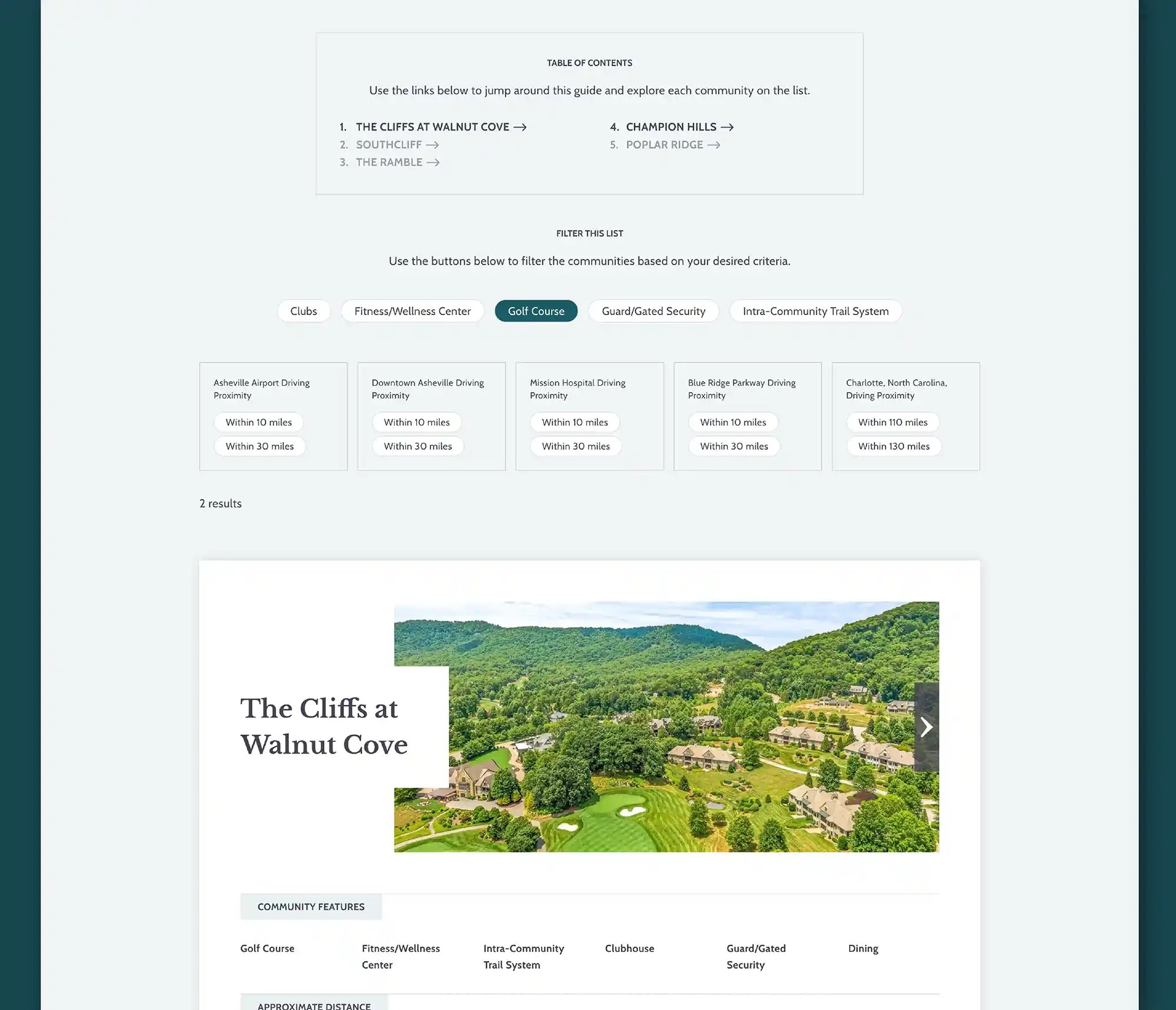 walnut cove realty filtering menu