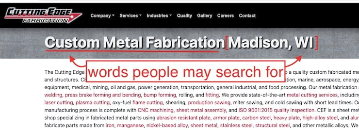 keywords in metal fabrication service page title